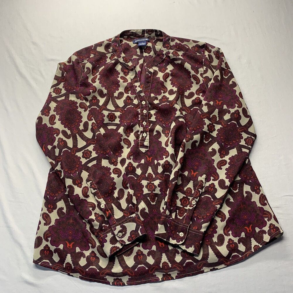 Size Large Shirt Womens Brown Maroon Purple Colorful Paisley V Neck